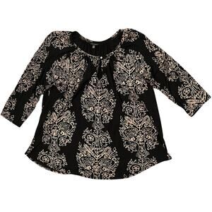 Lucky Brand Top XL Boho Block Print Blouse Floral 3/4 Sleeve Lightweight Stretch